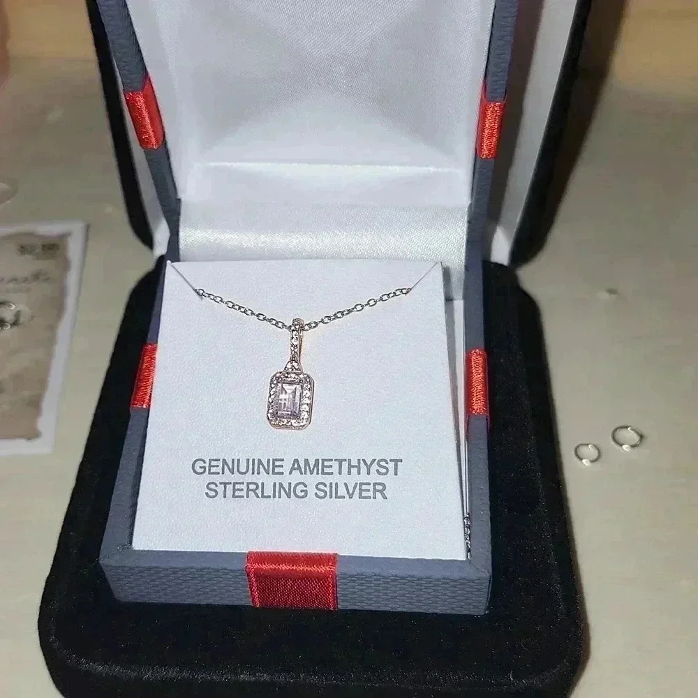 Genuine Amethyst Sterling silver Necklace 18" Chain - Picture 1 of 3
